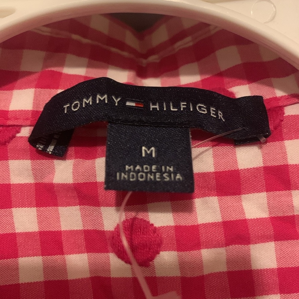Tommy Hilfiger Size M Pink Gingham and Polka Dot Tie Up Top - Picture 2 of 5